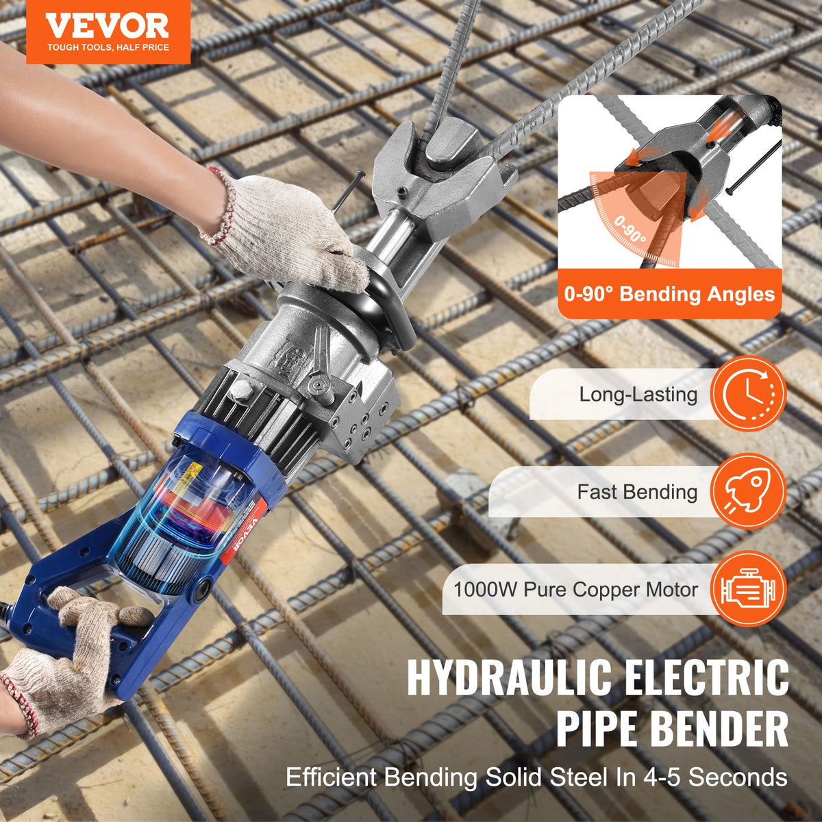 VEVOR 1000W Electric Hydraulic Rebar Bender – Bending up to 6-16 mm (