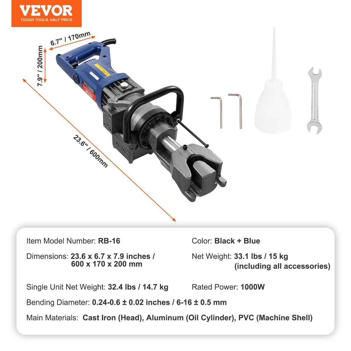 VEVOR 1000W Electric Hydraulic Rebar Bender – Bending up to 6-16 mm (