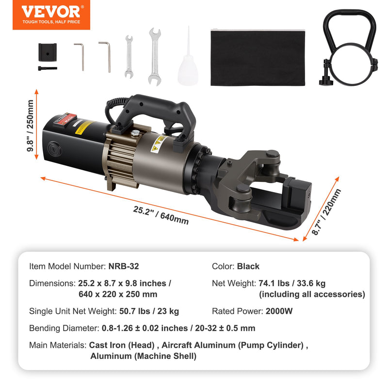 VEVOR 2000W elektriskais hidrauliskais armatūras locītājs – locīšana līdz 20-32 mm armatūrai