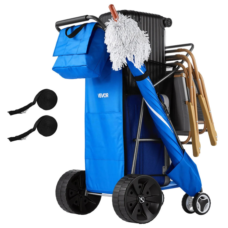 VEVOR pludmales ratiņi ar lieliem riteņiem smiltīm, kravnesība 75 kg, salokāmi pastiprināti ratiņi ar 250 mm cietajiem riteņiem, termo soma, lietussarga turētājs, vieta 4 krēsliem, piemēroti kempingam un makšķerēšanai - ZEMLETES.LV