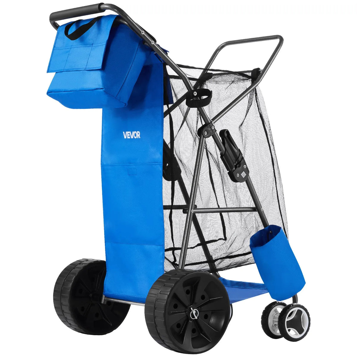 VEVOR pludmales ratiņi ar lieliem riteņiem smiltīm, kravnesība 75 kg, salokāmi pastiprināti ratiņi ar 250 mm cietajiem riteņiem, termo soma, lietussarga turētājs, vieta 4 krēsliem, piemēroti kempingam un makšķerēšanai - ZEMLETES.LV