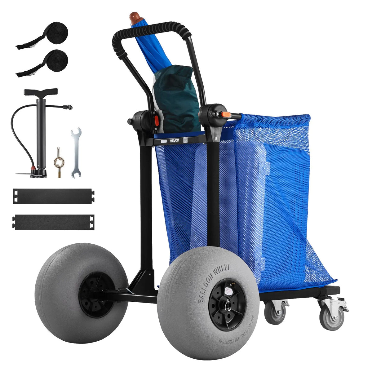 VEVOR pludmales ratiņi ar lieliem riteņiem smiltīm, kravnesība 75 kg, salokāmi pastiprināti ratiņi ar 320 mm balona tipa riteņiem, uzglabāšanas soma, 180° regulējams rokturis, piemēroti kempingam, makšķerēšanai un dārza darbiem - ZEMLETES.LV