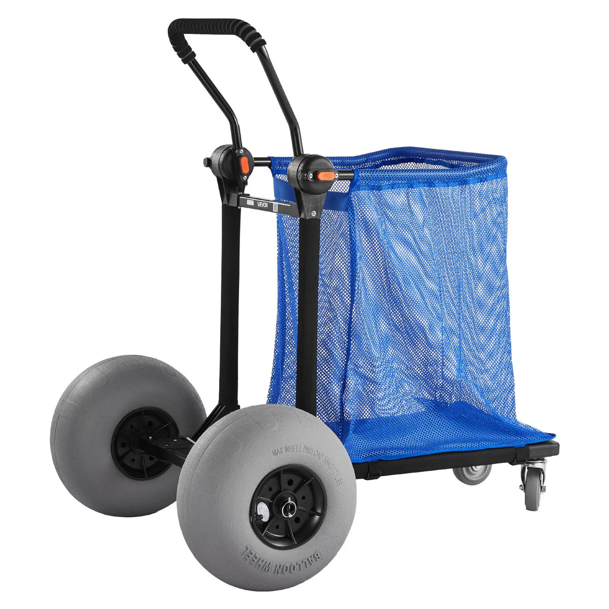VEVOR pludmales ratiņi ar lieliem riteņiem smiltīm, kravnesība 75 kg, salokāmi pastiprināti ratiņi ar 320 mm balona tipa riteņiem, uzglabāšanas soma, 180° regulējams rokturis, piemēroti kempingam, makšķerēšanai un dārza darbiem - ZEMLETES.LV