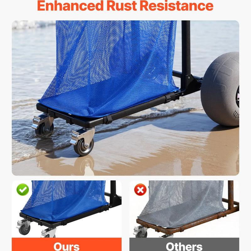 VEVOR pludmales ratiņi ar lieliem riteņiem smiltīm, kravnesība 75 kg, salokāmi pastiprināti ratiņi ar 320 mm balona tipa riteņiem, uzglabāšanas soma, 180° regulējams rokturis, piemēroti kempingam, makšķerēšanai un dārza darbiem - ZEMLETES.LV