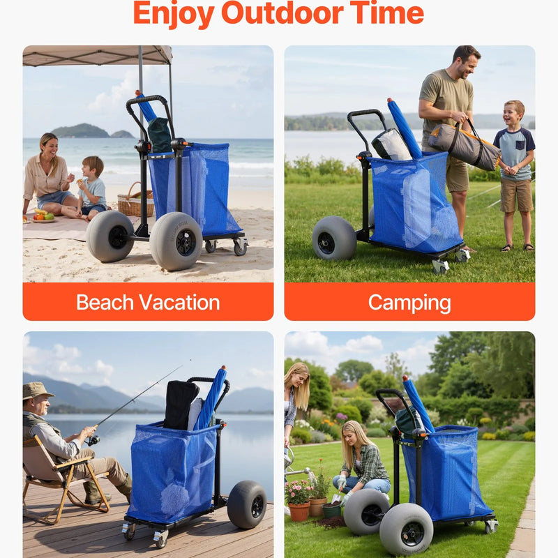 VEVOR pludmales ratiņi ar lieliem riteņiem smiltīm, kravnesība 75 kg, salokāmi pastiprināti ratiņi ar 320 mm balona tipa riteņiem, uzglabāšanas soma, 180° regulējams rokturis, piemēroti kempingam, makšķerēšanai un dārza darbiem - ZEMLETES.LV
