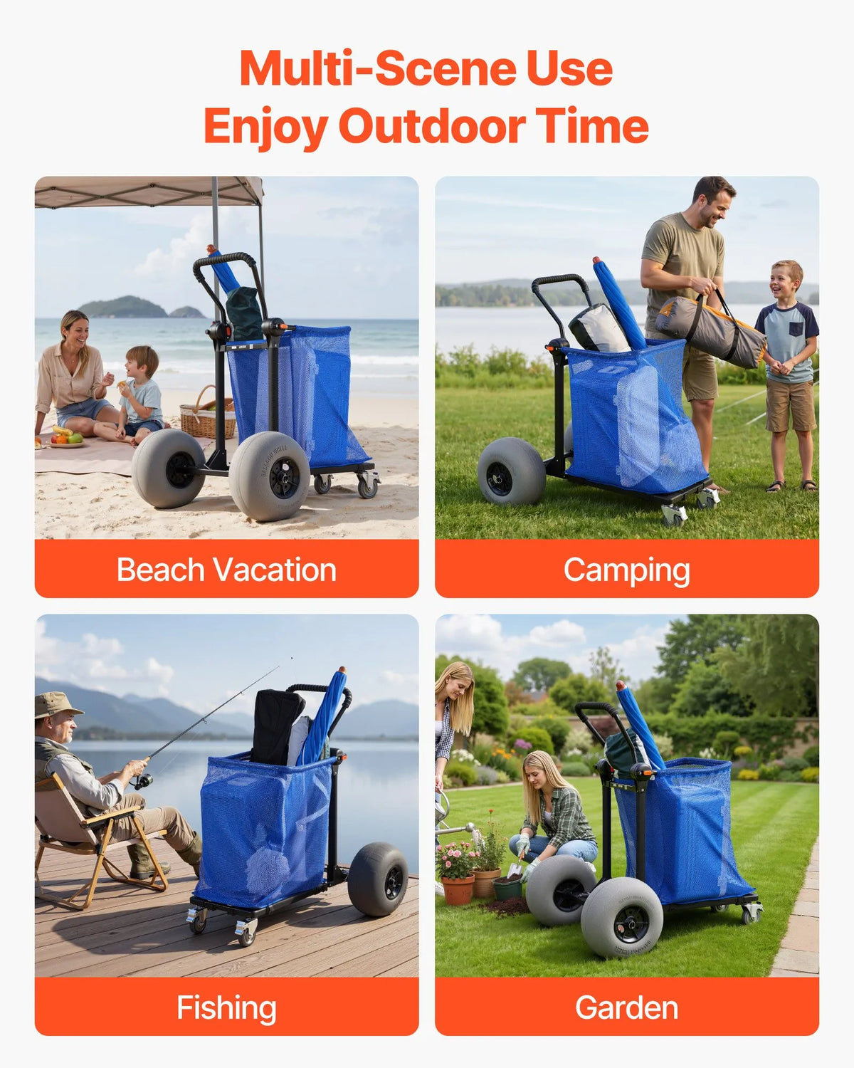 VEVOR pludmales ratiņi ar lieliem riteņiem smiltīm, kravnesība 75 kg, salokāmi pastiprināti ratiņi ar 320 mm balona tipa riteņiem, uzglabāšanas soma, 180° regulējams rokturis, piemēroti kempingam, makšķerēšanai un dārza darbiem - ZEMLETES.LV