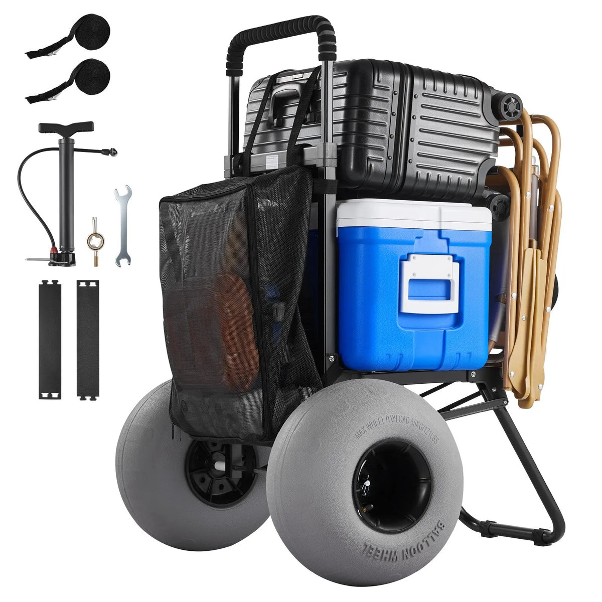 VEVOR pludmales rati ar lieliem smilšu riteņiem, 460 x 375 mm platforma, salokāma konstrukcija, 320 mm balona tipa riteņi, kravnesība 75 kg, regulējams augstums 855–1150 mm, piemēroti pludmalei un kempingam - ZEMLETES.LV