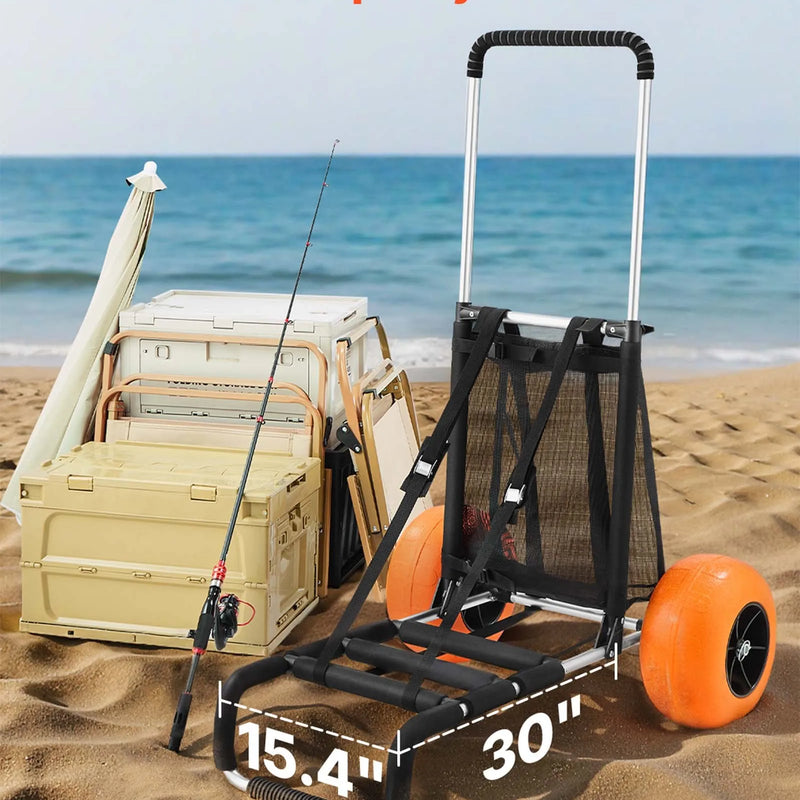 VEVOR pludmales transporta rati ar lieliem riteņiem smiltīm, kravnesība 75 kg, platforma 760 x 390 mm, 305 mm riteņi, salokāmi, regulējams augstums 686–1135 mm - ZEMLETES.LV