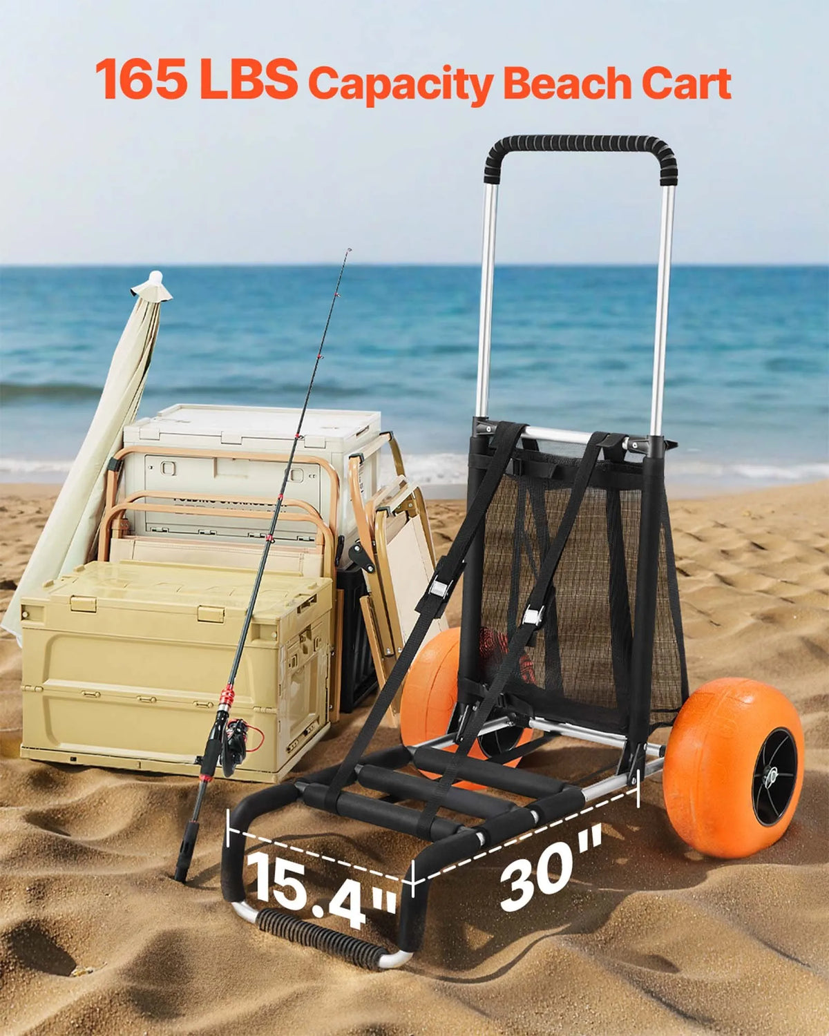 VEVOR pludmales transporta rati ar lieliem riteņiem smiltīm, kravnesība 75 kg, platforma 760 x 390 mm, 305 mm riteņi, salokāmi, regulējams augstums 686–1135 mm - ZEMLETES.LV
