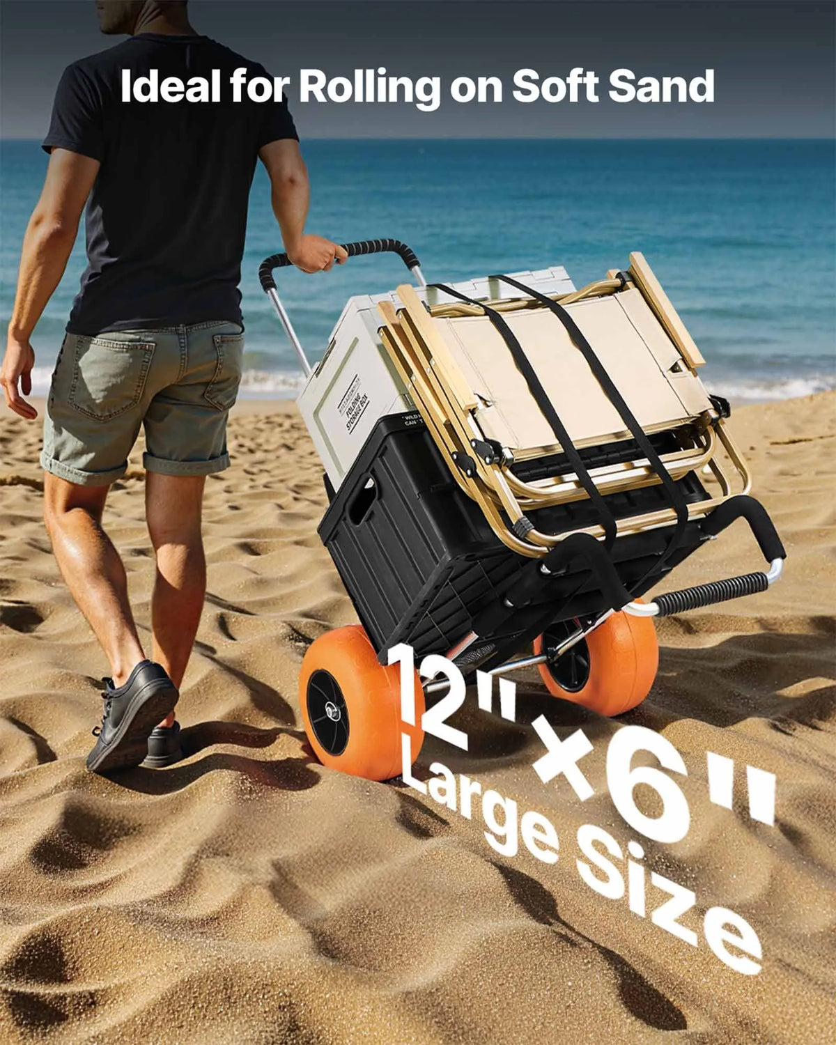 VEVOR pludmales transporta rati ar lieliem riteņiem smiltīm, kravnesība 75 kg, platforma 760 x 390 mm, 305 mm riteņi, salokāmi, regulējams augstums 686–1135 mm - ZEMLETES.LV