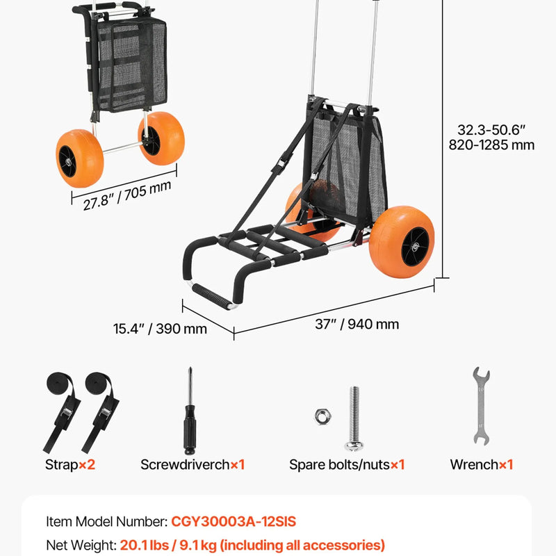VEVOR pludmales transporta rati ar lieliem riteņiem smiltīm, kravnesība 75 kg, platforma 760 x 390 mm, 305 mm riteņi, salokāmi, regulējams augstums 686–1135 mm - ZEMLETES.LV