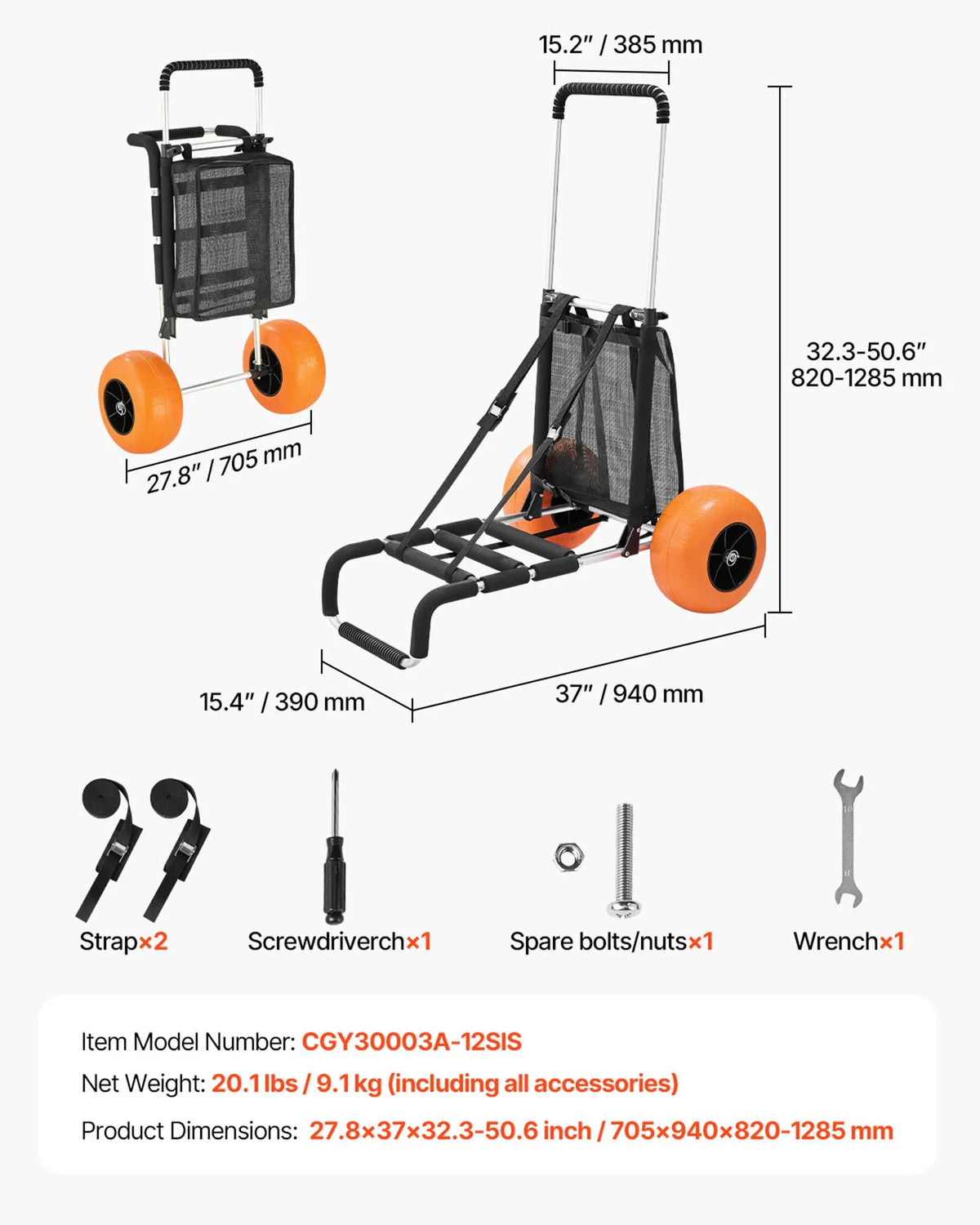 VEVOR pludmales transporta rati ar lieliem riteņiem smiltīm, kravnesība 75 kg, platforma 760 x 390 mm, 305 mm riteņi, salokāmi, regulējams augstums 686–1135 mm - ZEMLETES.LV