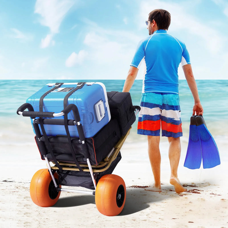 VEVOR pludmales transporta rati ar lieliem riteņiem smiltīm, kravnesība 75 kg, platforma 760 x 390 mm, 305 mm riteņi, salokāmi, regulējams augstums 686–1135 mm - ZEMLETES.LV