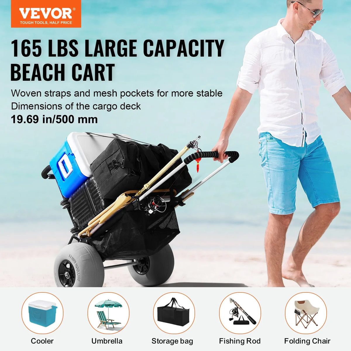 VEVOR pludmales ratiņi ar lieliem riteņiem smiltīm, kravas platforma 760 x 390 mm, 30,5 cm balona tipa riteņi, kravnesība 74,8 kg, salokāmi ratiņi ar regulējamu augstumu 685–1135 mm, pastiprināta konstrukcija pludmalei - ZEMLETES.LV