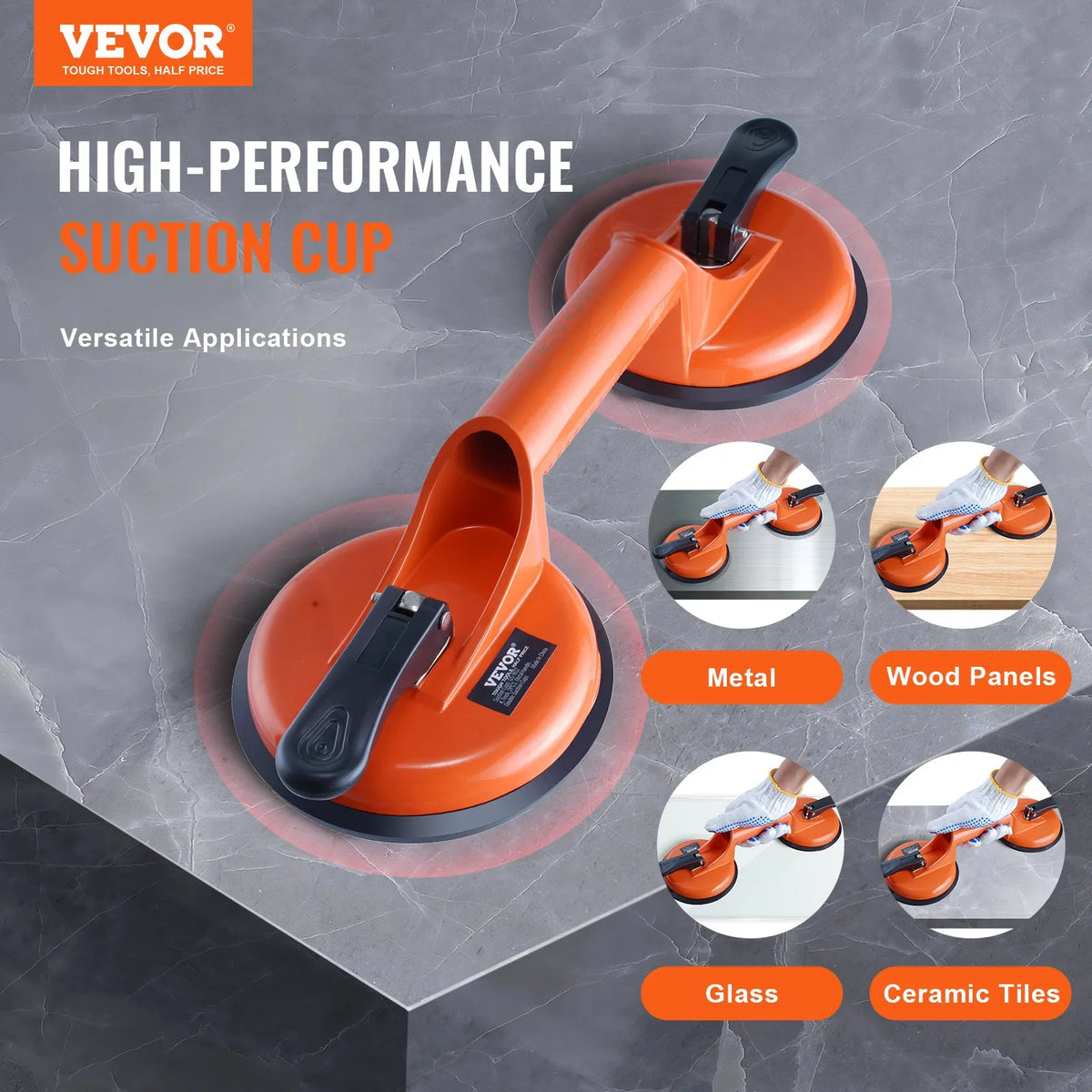 VEVOR Glass Vacuum Suction Cup, 11.9 cm, 2-Piece Set, 149.7 kg Lifting Capacity, Vacuum Suction Cup with Aluminium Handle, Reinforced Industrial Lifting Tool for Moving Glass, Granite, Tiles, Metal and Wood Panels