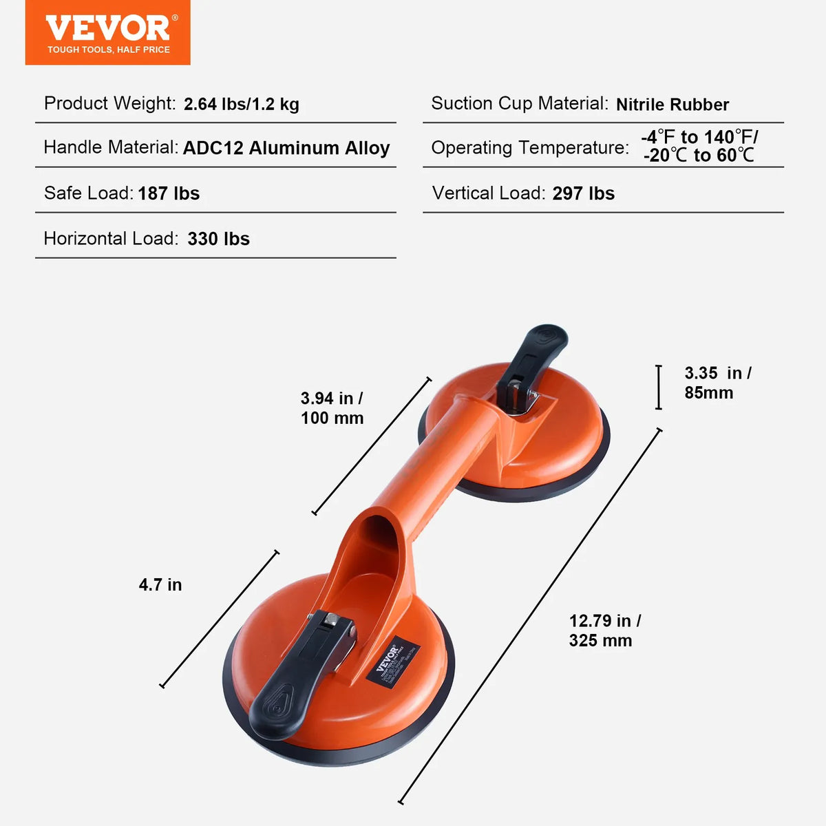 VEVOR Glass Vacuum Suction Cup, 11.9 cm, 2-Piece Set, 149.7 kg Lifting Capacity, Vacuum Suction Cup with Aluminium Handle, Reinforced Industrial Lifting Tool for Moving Glass, Granite, Tiles, Metal and Wood Panels