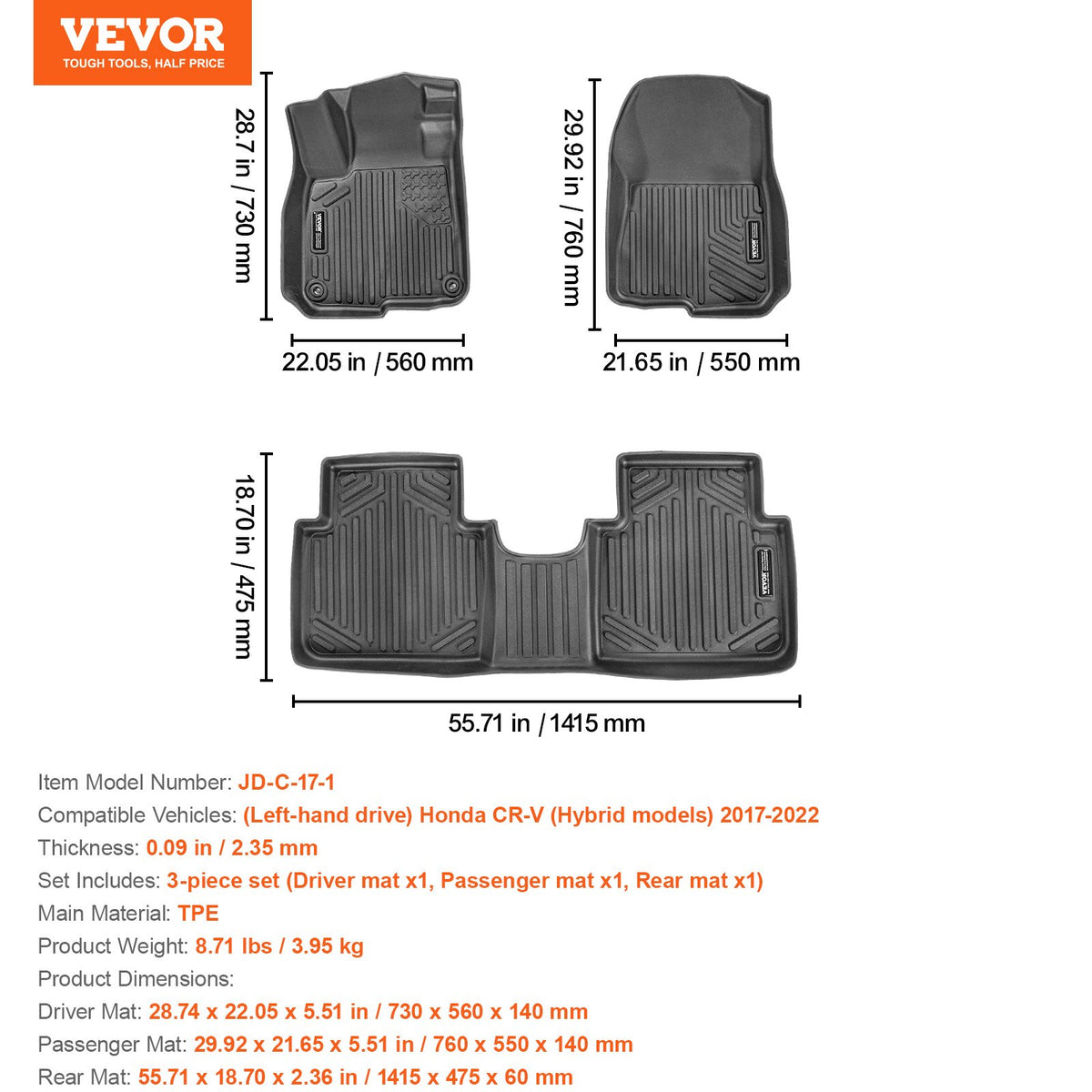 VEVOR automašīnas grīdas paklāji Honda CR-V Hybrid (2017-2022), 3 габ., TPE