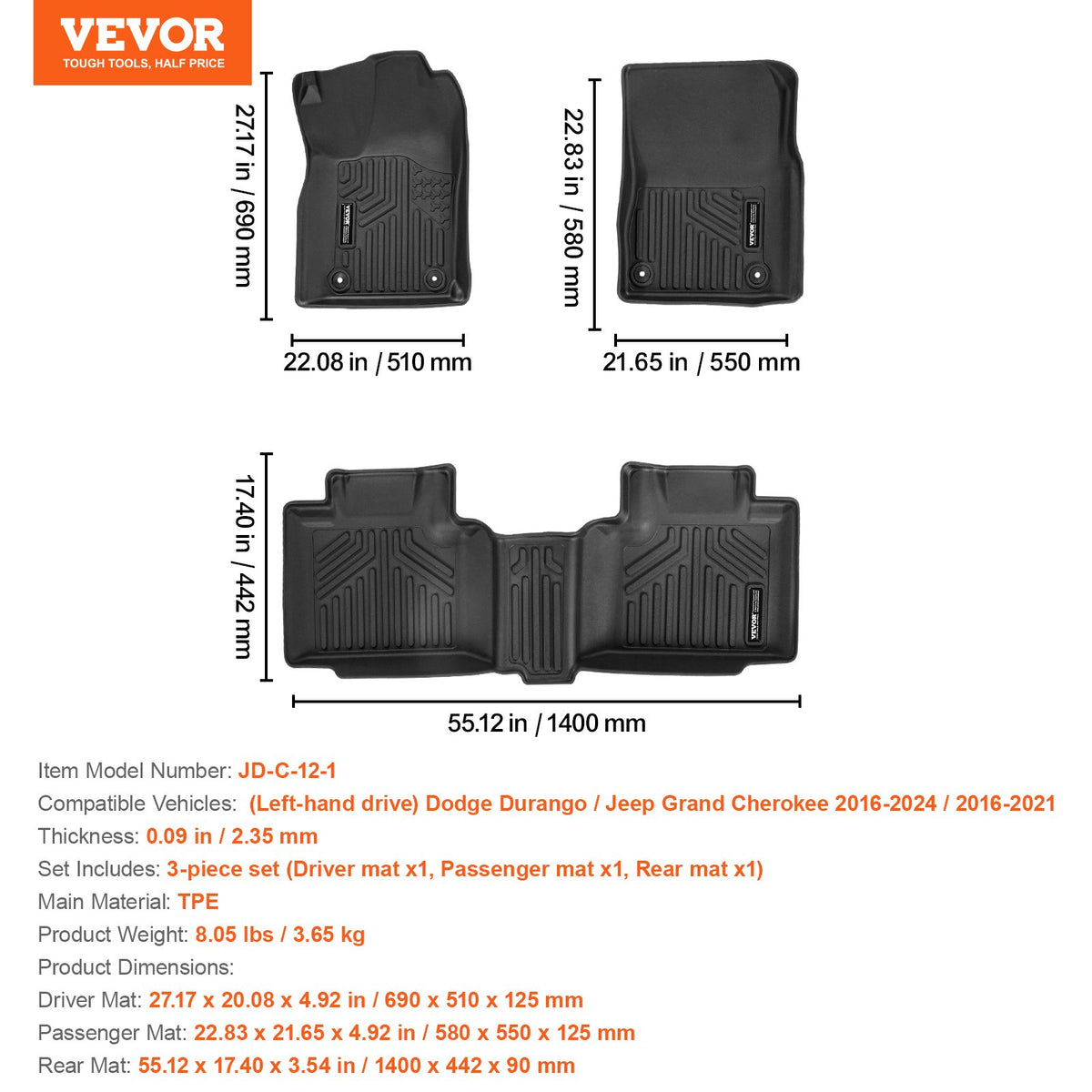 VEVOR Car Floor Mats for Dodge Durango / Jeep Grand Cherokee (2016–2024), 3 pcs