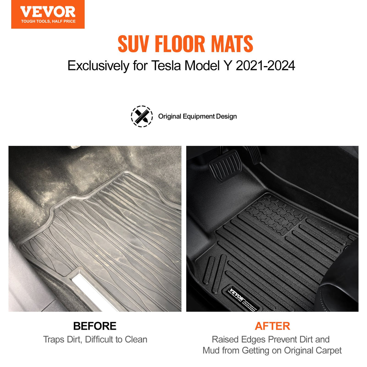 VEVOR Car Floor Mats for Tesla Model Y (2021–2024), 3 pcs, TPE