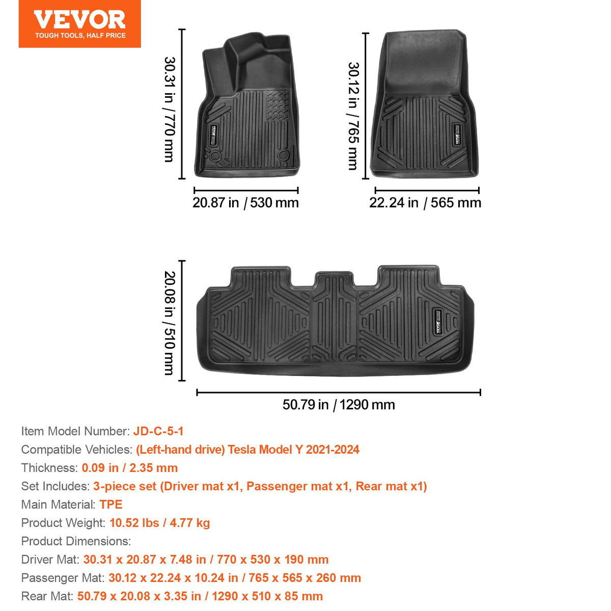 VEVOR Car Floor Mats for Tesla Model Y (2021–2024), 3 pcs, TPE
