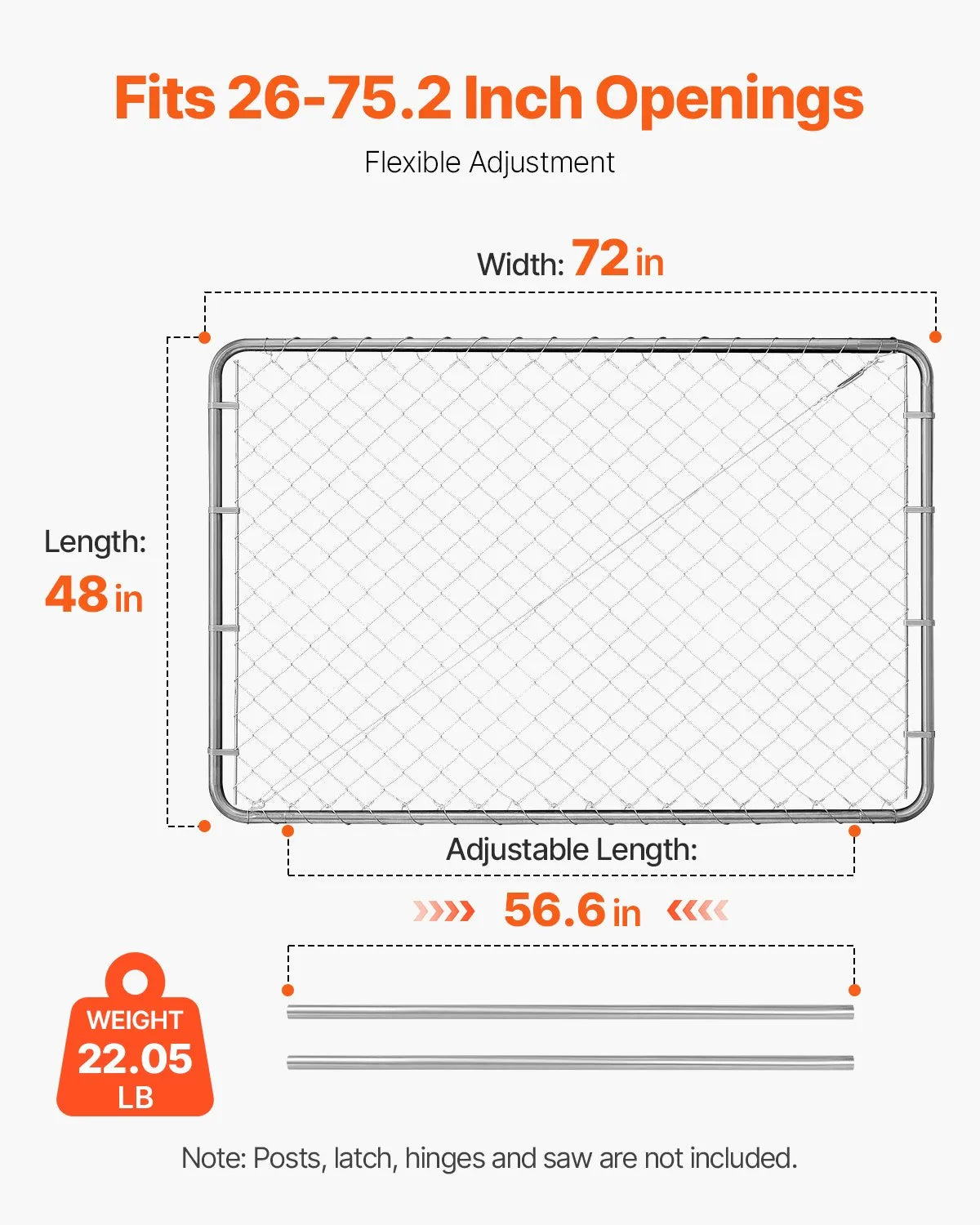 Chain Link Fence Gate 183 × 122 cm, Adjustable, Galvanised, Rust-Resistant, Suitable for 67–183 cm × 183 cm Opening, Posts Not Included