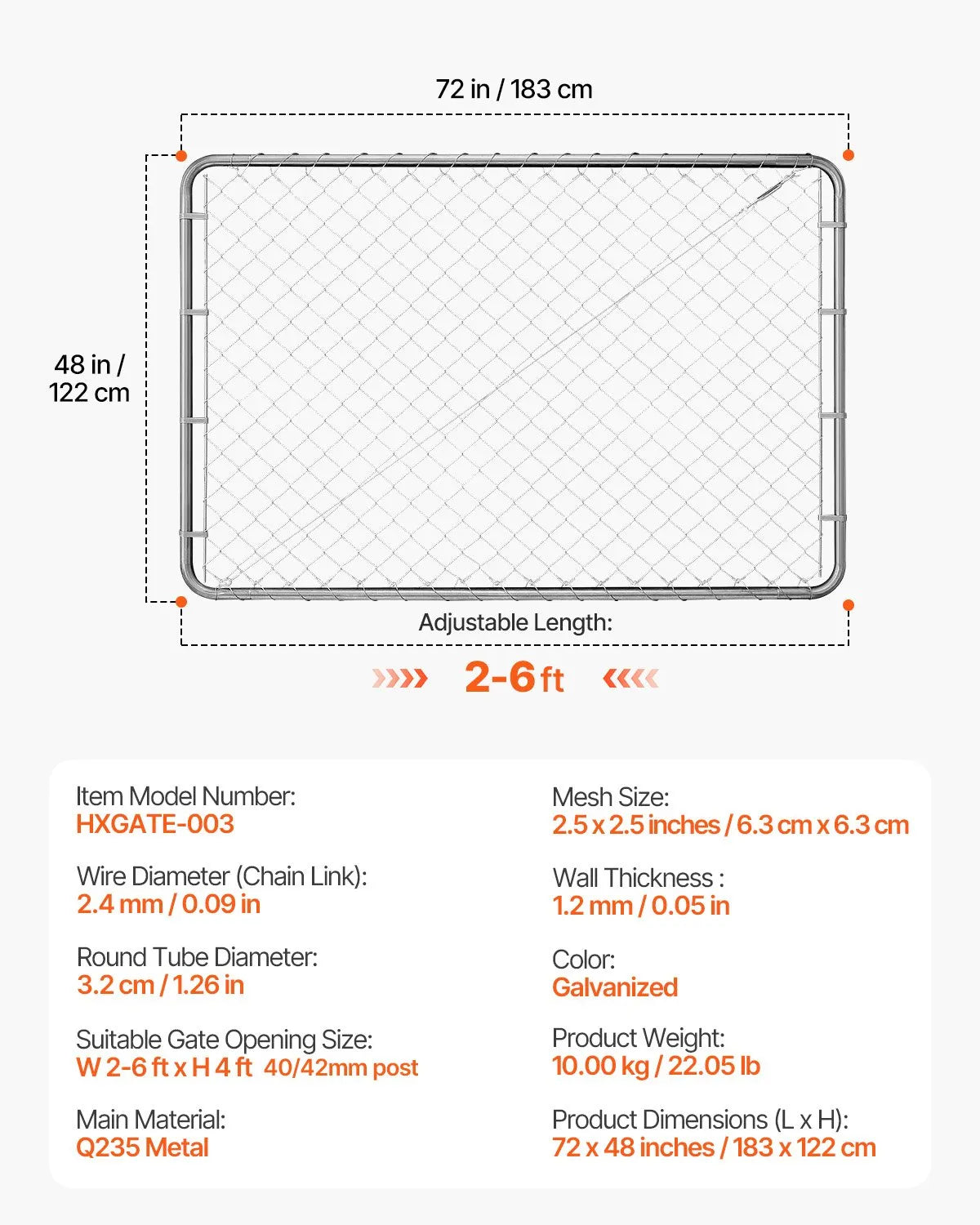 Chain Link Fence Gate 183 × 122 cm, Adjustable, Galvanised, Rust-Resistant, Suitable for 67–183 cm × 183 cm Opening, Posts Not Included