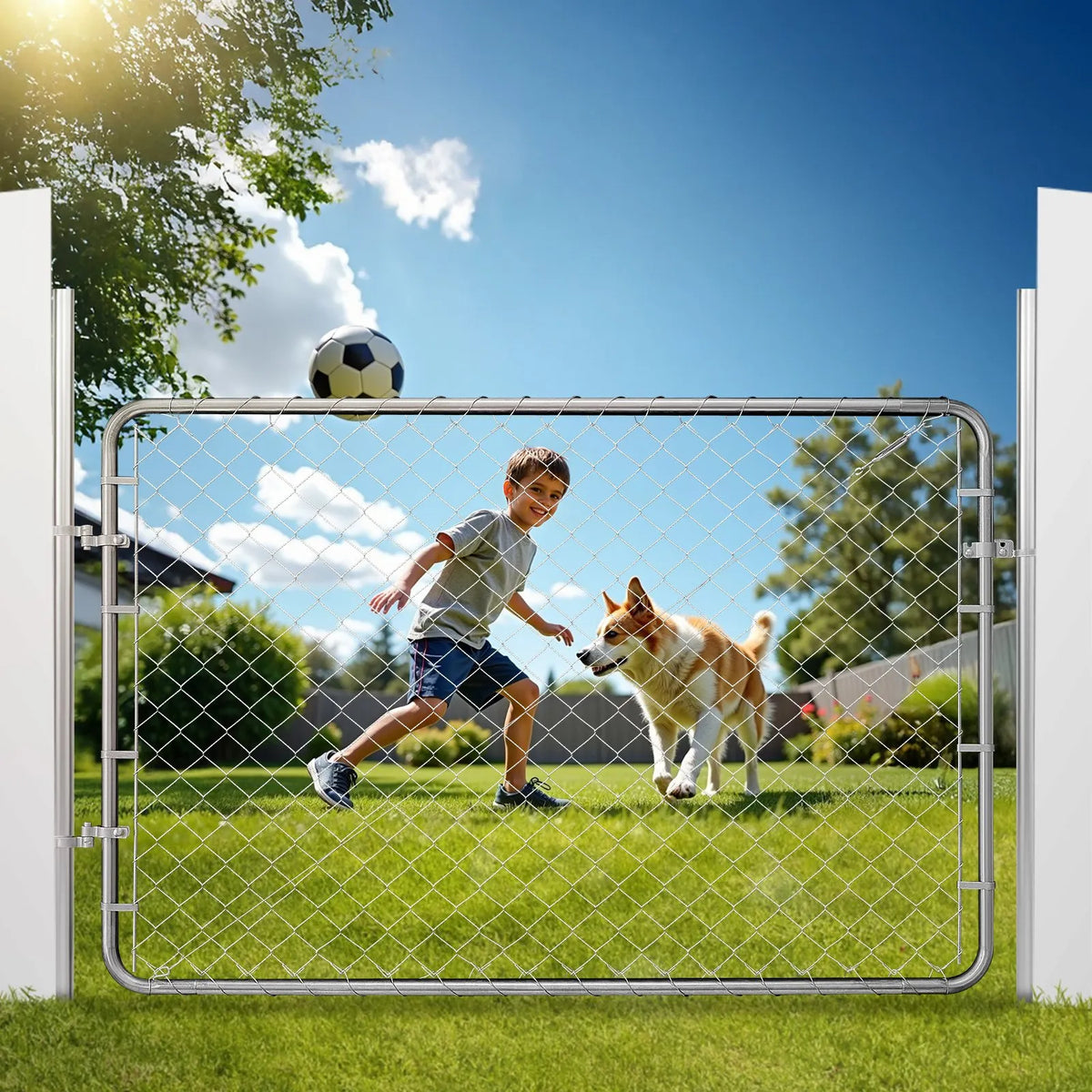 Chain Link Fence Gate 183 × 122 cm, Adjustable, Galvanised, Rust-Resistant, Suitable for 67–183 cm × 183 cm Opening, Posts Not Included