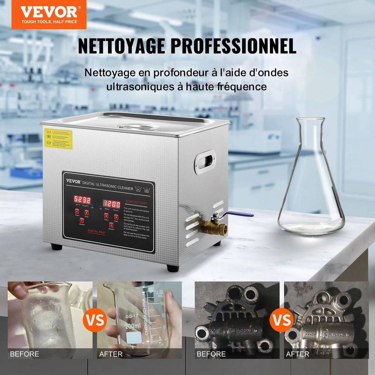 VEVOR 10 l Ultrasonic Cleaner with Digital Timer and Heater, Professional Ultrasonic Jewellery Cleaner, Stainless Steel Heated Cleaning Machine for Glasses, Watches, Rings, Small Parts and PCBs