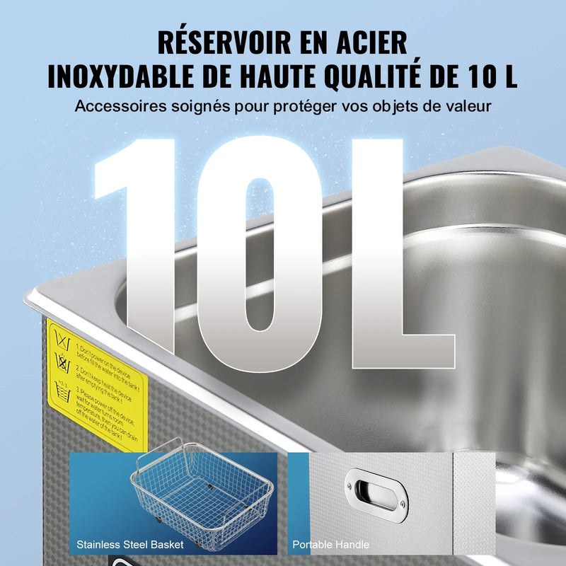 VEVOR 10 l ultraskaņas tīrītājs ar digitālo taimeri un sildītāju, profesionāls ultraskaņas rotaslietu tīrītājs, nerūsējošā tērauda sildāma tīrīšanas iekārta brillēm, pulksteņiem, gredzeniem, sīkām detaļām un iespiedshēm