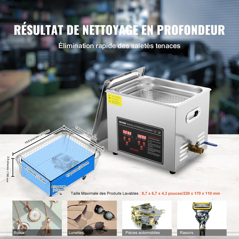VEVOR 10 l ultraskaņas tīrītājs ar digitālo taimeri un sildītāju, profesionāls ultraskaņas rotaslietu tīrītājs, nerūsējošā tērauda sildāma tīrīšanas iekārta brillēm, pulksteņiem, gredzeniem, sīkām detaļām un iespiedshēm