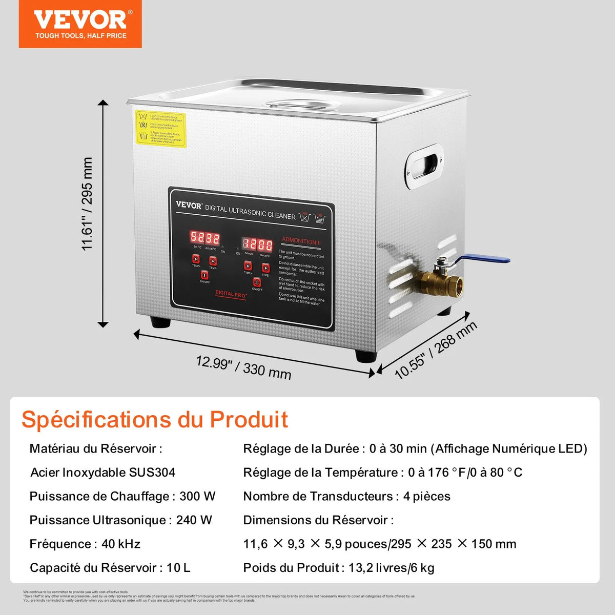 VEVOR 10 l Ultrasonic Cleaner with Digital Timer and Heater, Professional Ultrasonic Jewellery Cleaner, Stainless Steel Heated Cleaning Machine for Glasses, Watches, Rings, Small Parts and PCBs