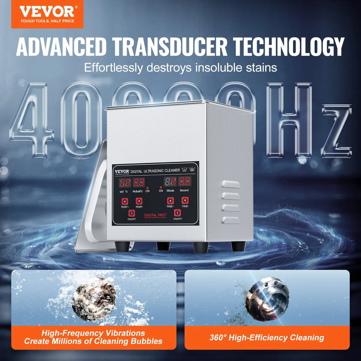 VEVOR Ultrasonic Cleaner 1.3 L with Heater and Timer, Professional Digital 40 kHz Cavitation Cleaner with Basket, 50 W, Watches, Glasses, Jewellery, Dentures, Industrial Parts and Tools