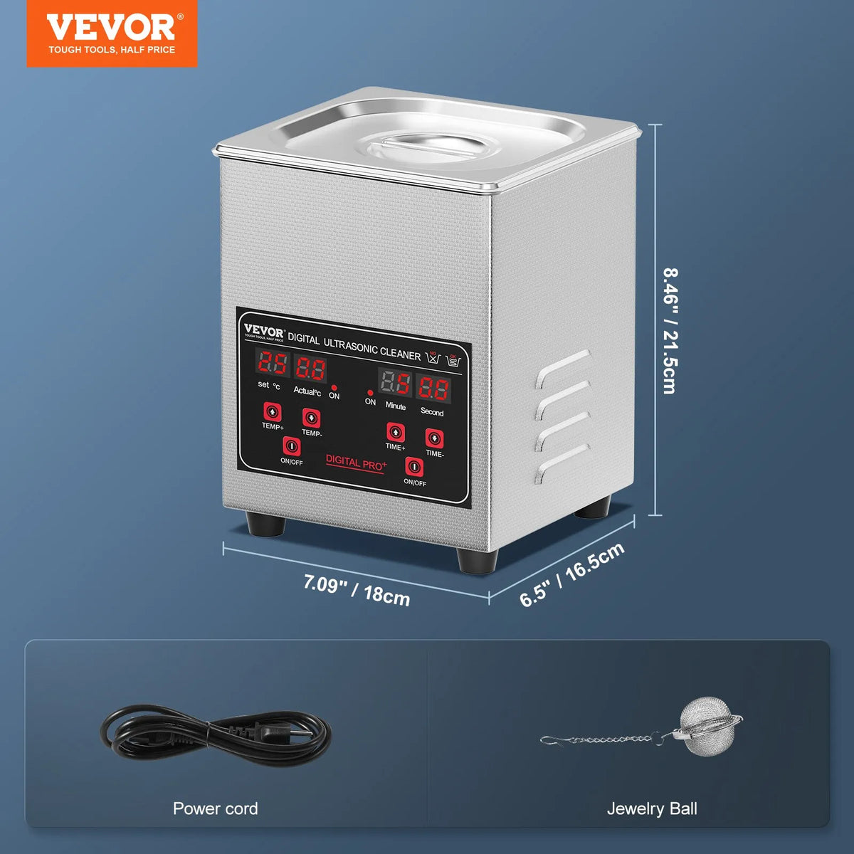 VEVOR Ultrasonic Cleaner 1.3 L with Heater and Timer, Professional Digital 40 kHz Cavitation Cleaner with Basket, 50 W, Watches, Glasses, Jewellery, Dentures, Industrial Parts and Tools