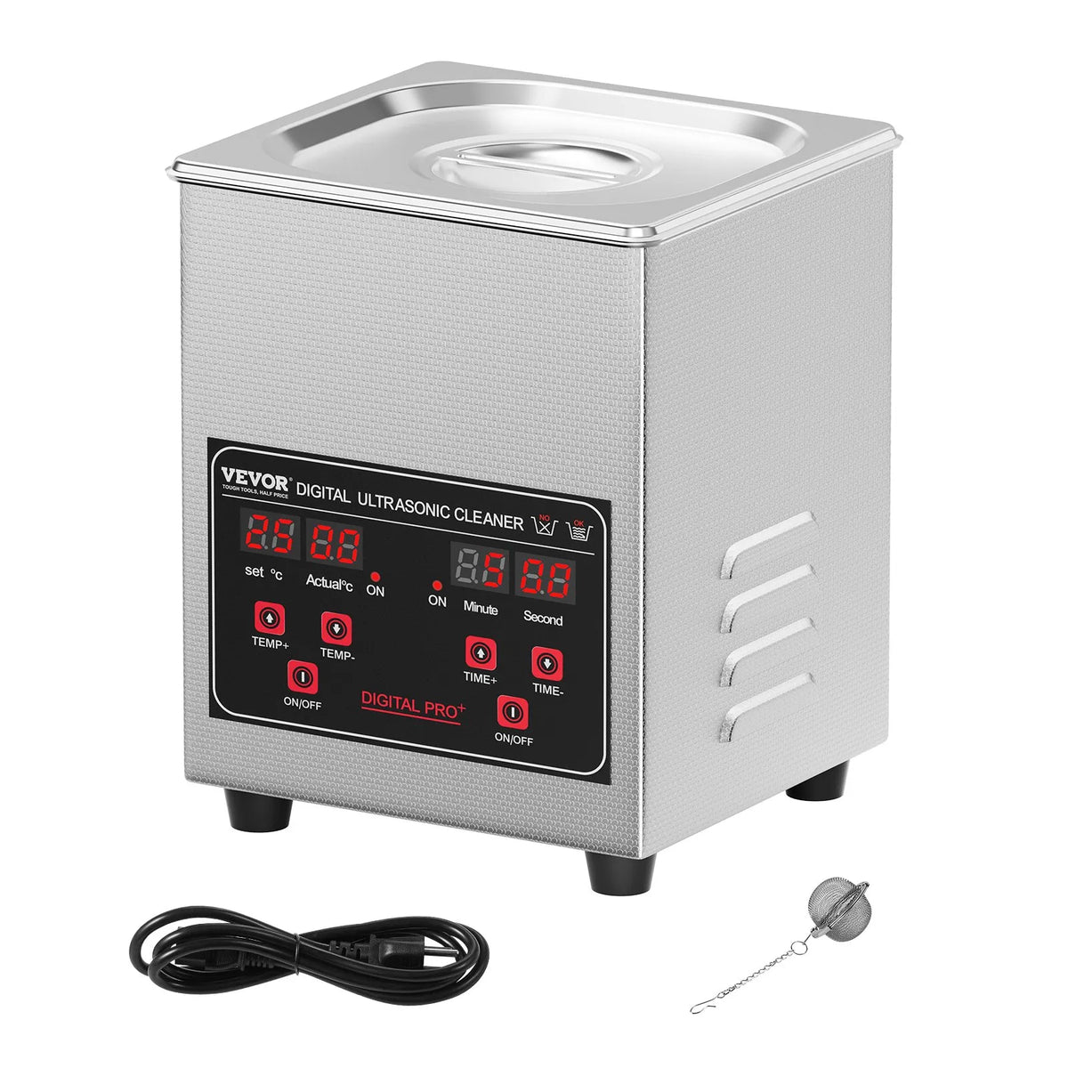 VEVOR Ultrasonic Cleaner 1.3 L with Heater and Timer, Professional Digital 40 kHz Cavitation Cleaner with Basket, 50 W, Watches, Glasses, Jewellery, Dentures, Industrial Parts and Tools