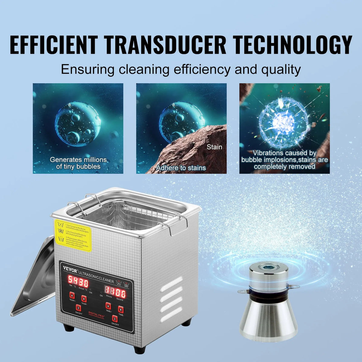 VEVOR Ultrasonic Cleaner with Digital Timer and Heater, Professional Ultrasonic Cleaning Machine for Jewellery, Stainless Steel Heated Device for Glasses, Watches, Rings, Small Parts and Electronics, 2 l