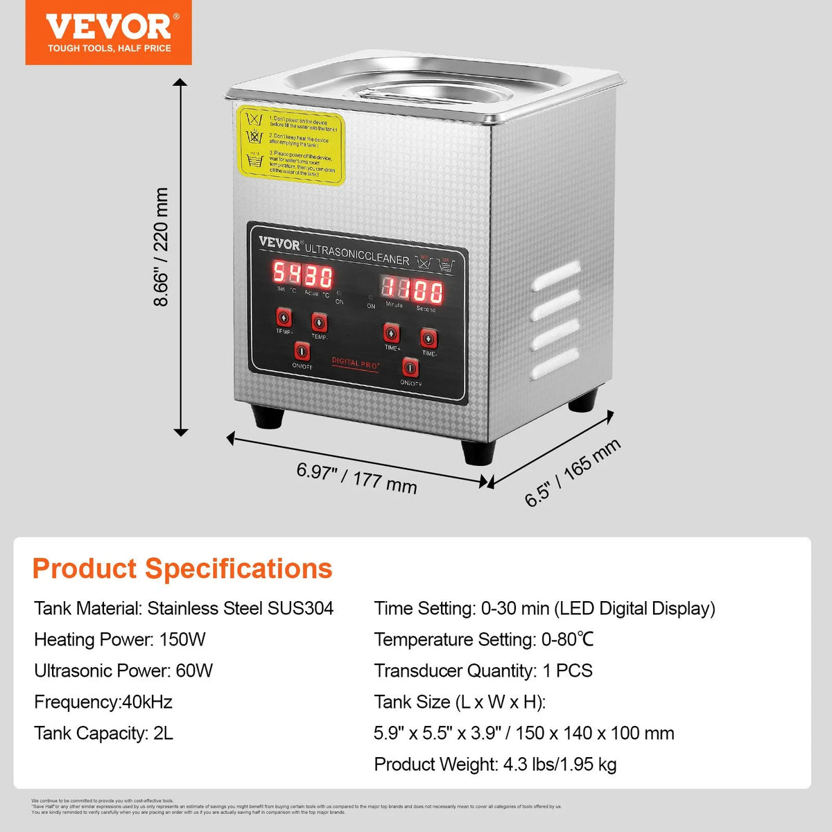 VEVOR Ultrasonic Cleaner with Digital Timer and Heater, Professional Ultrasonic Cleaning Machine for Jewellery, Stainless Steel Heated Device for Glasses, Watches, Rings, Small Parts and Electronics, 2 l
