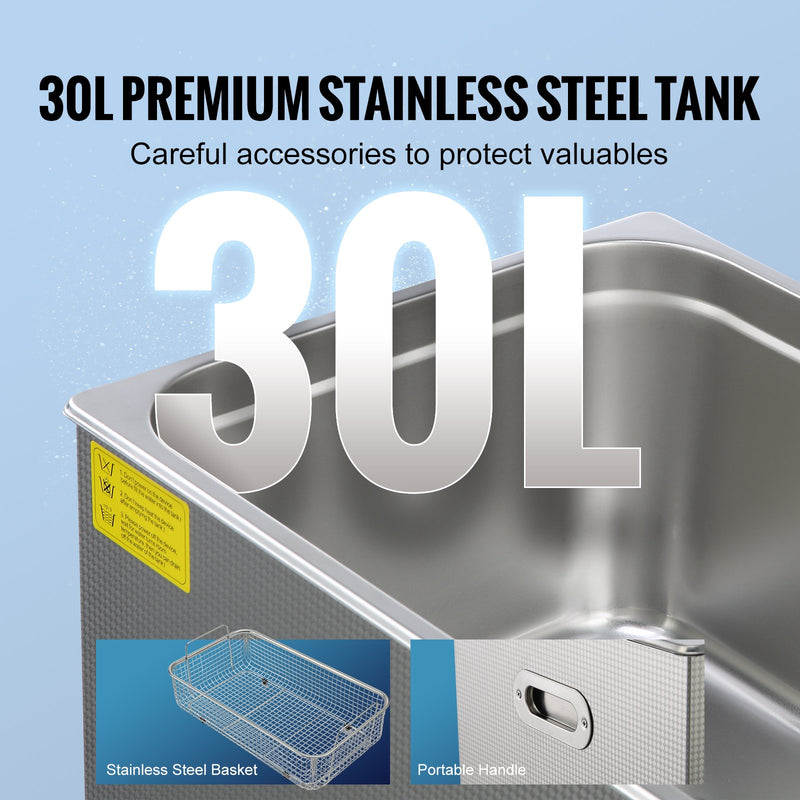 Profesionāls ultraskaņas rotaslietu tīrītājs, nerūsējošā tērauda apsildāma tīrīšanas ierīce brillēm, pulksteņiem, gredzeniem, sīkām detaļām, shēmplatēm (30L)