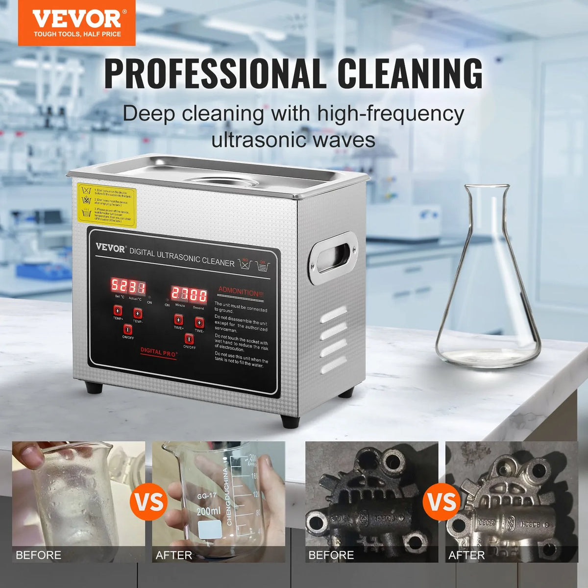 VEVOR 3 L Ultrasonic Cleaner with Digital Timer and Heater, Professional Ultrasonic Jewellery Cleaner, Stainless Steel Heated Cleaning Machine for Glasses, Watches, Rings, Small Parts and PCBs