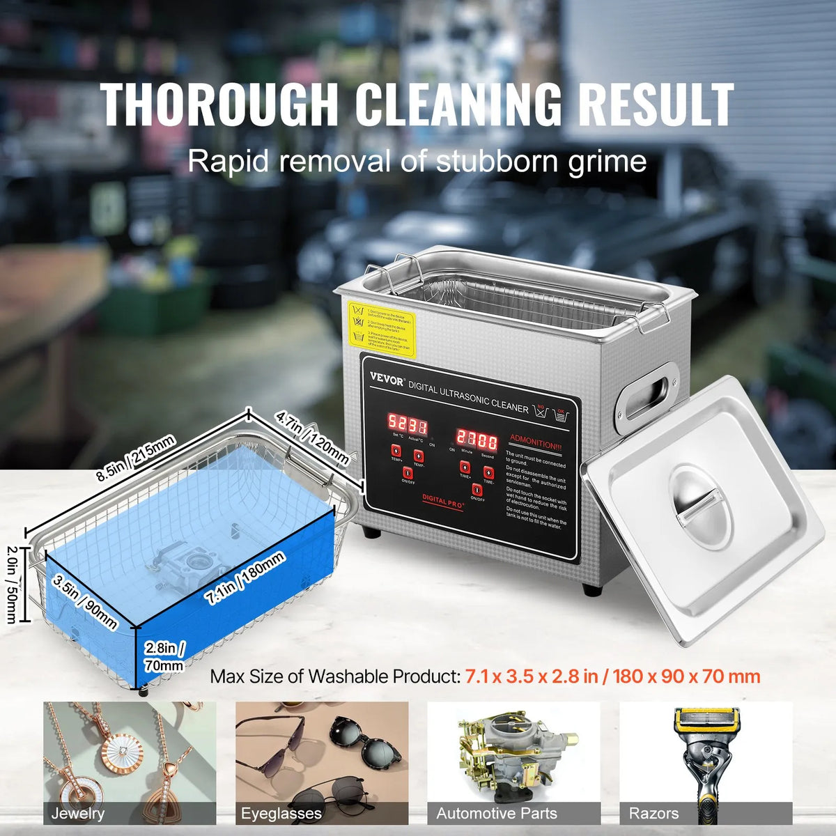 VEVOR 3 L Ultrasonic Cleaner with Digital Timer and Heater, Professional Ultrasonic Jewellery Cleaner, Stainless Steel Heated Cleaning Machine for Glasses, Watches, Rings, Small Parts and PCBs