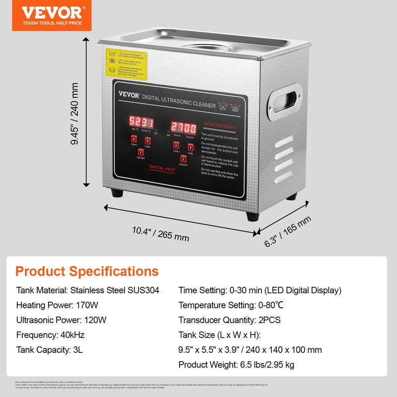 VEVOR ultraskaņas tīrītājs 3 l ar digitālo taimeri un sildītāju, profesionāls ultraskaņas rotaslietu tīrītājs, nerūsējošā tērauda sildāma tīrīšanas iekārta brillēm, pulksteņiem, gredzeniem, sīkām detaļām un iespiedshēm