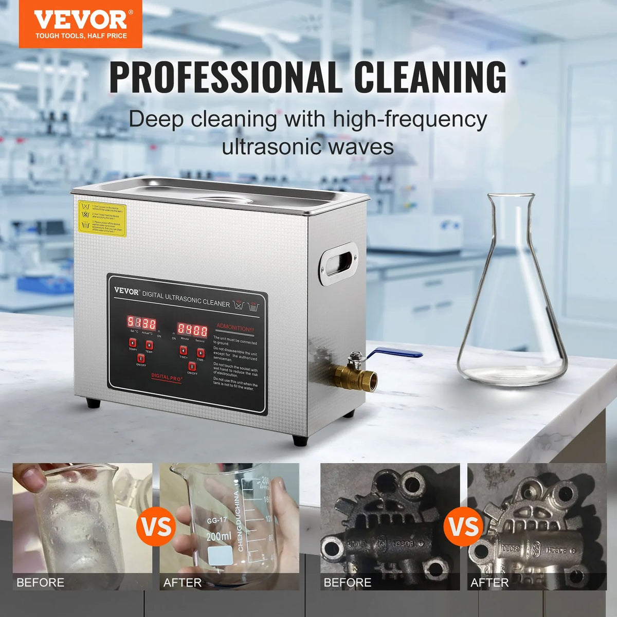 VEVOR Ultrasonic Cleaner with Digital Timer and Heating, Professional Ultrasonic Jewellery Cleaner, Stainless Steel Heated Cleaning Machine for Glasses, Watches, Rings, Small Parts and Circuit Boards, 6 L