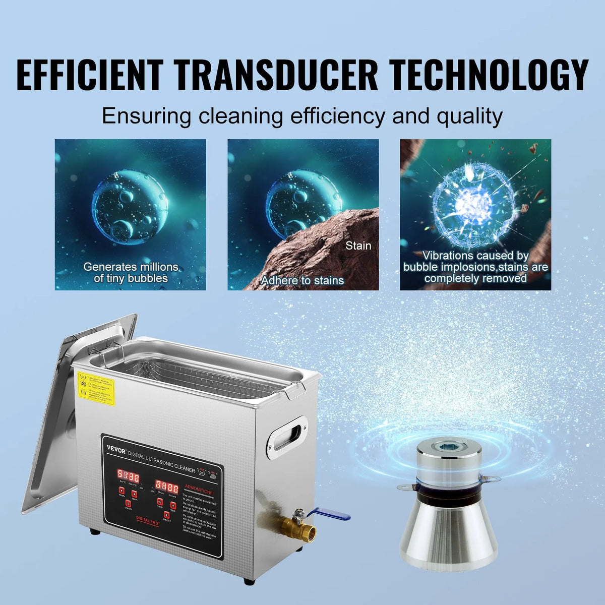 VEVOR Ultrasonic Cleaner with Digital Timer and Heating, Professional Ultrasonic Jewellery Cleaner, Stainless Steel Heated Cleaning Machine for Glasses, Watches, Rings, Small Parts and Circuit Boards, 6 L