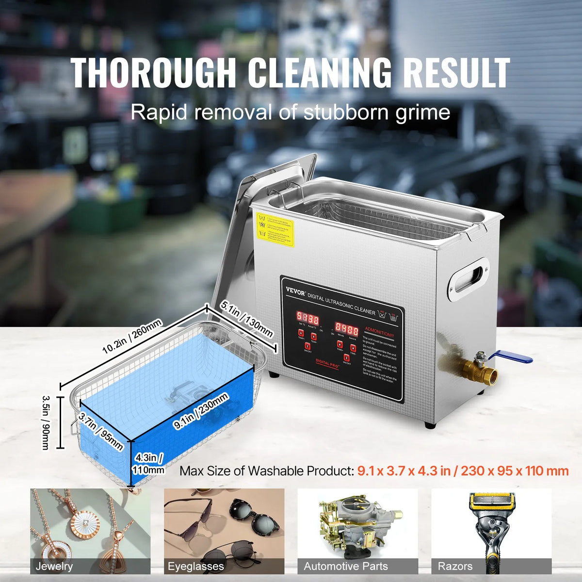 VEVOR Ultrasonic Cleaner with Digital Timer and Heating, Professional Ultrasonic Jewellery Cleaner, Stainless Steel Heated Cleaning Machine for Glasses, Watches, Rings, Small Parts and Circuit Boards, 6 L
