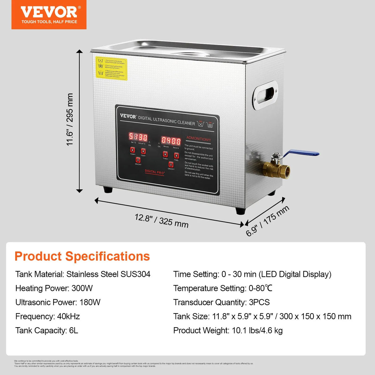 VEVOR Ultrasonic Cleaner with Digital Timer and Heating, Professional Ultrasonic Jewellery Cleaner, Stainless Steel Heated Cleaning Machine for Glasses, Watches, Rings, Small Parts and Circuit Boards, 6 L