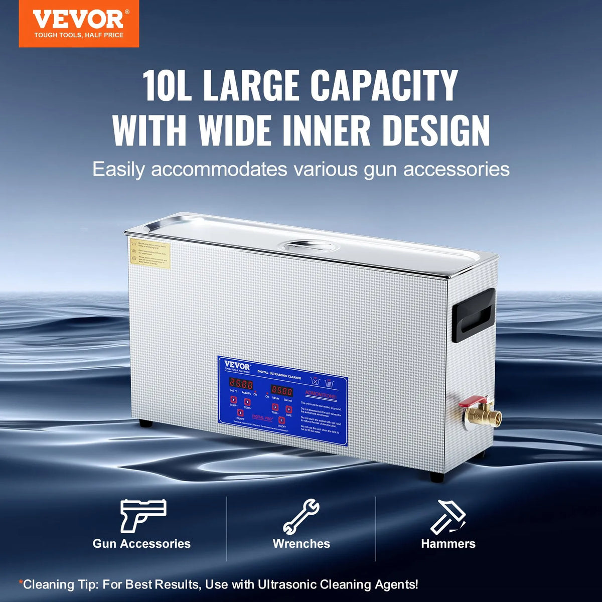 VEVOR 10 L Ultrasonic Cleaner, 300 W Professional Ultrasonic Cleaning Machine with Timer and Heater, 40 kHz Digital Ultrasonic Cleaner with Basket for Guns, Cartridges and Military Accessories