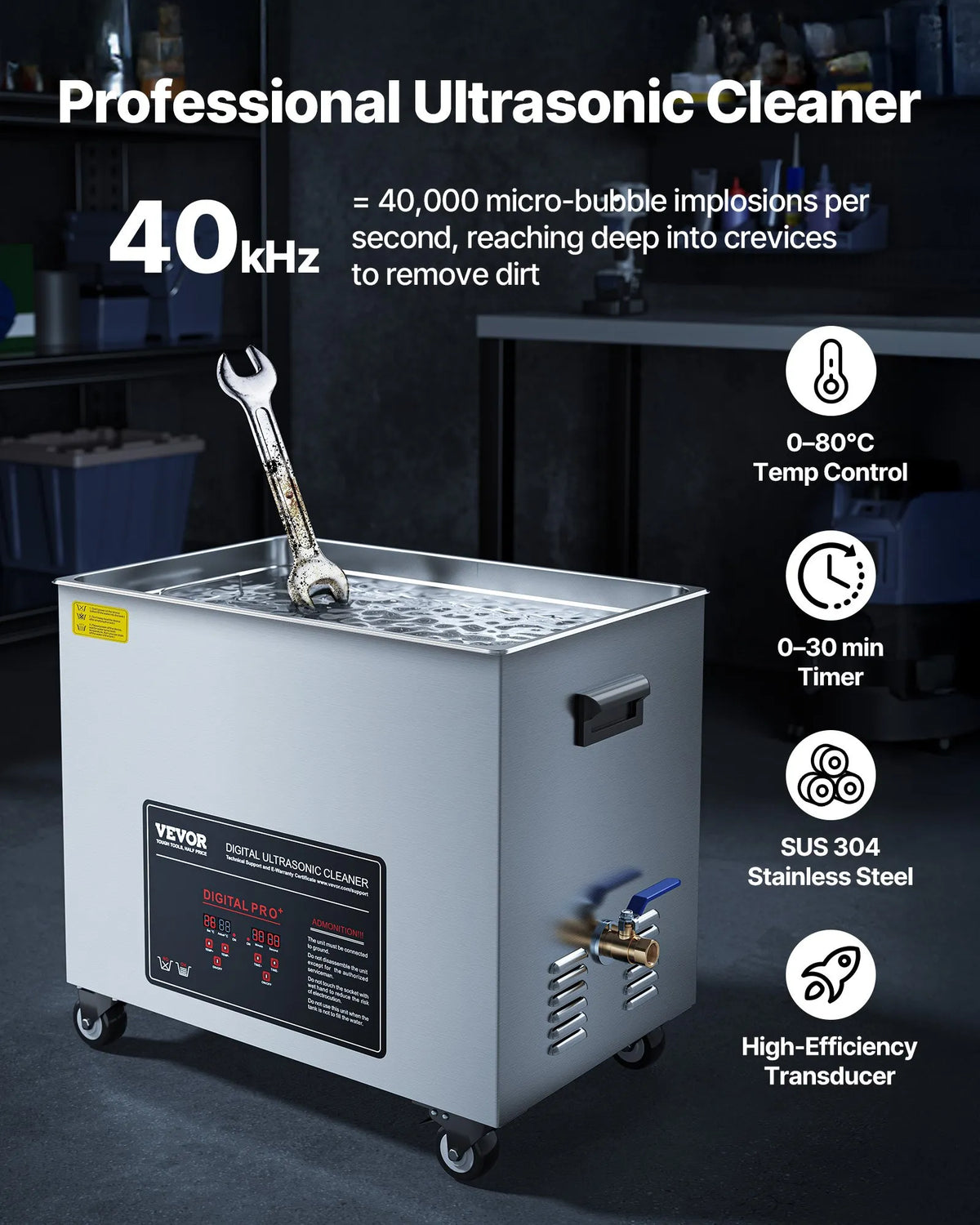VEVOR Ultrasonic Cleaner 50 l, Professional Ultrasonic Cleaning Machine with Cleaning Basket and Digital Display, 840 W Stainless Steel Cleaning Equipment with Wheels for Industrial Parts and Carburettors