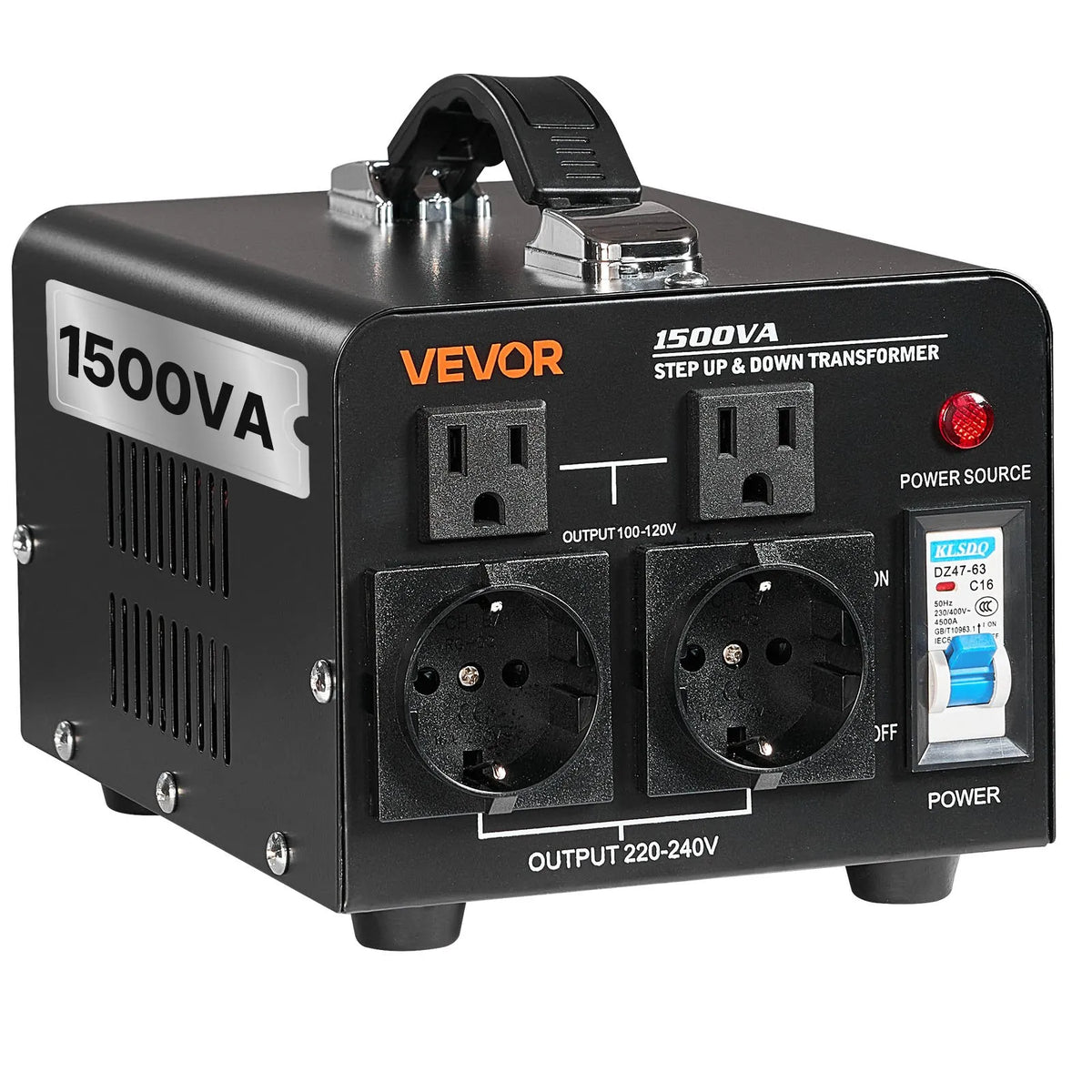 VEVOR sprieguma pārveidotājs transformators 1500 VA ar 110 V uz 220 V un 220 V uz 110 V pārveidošanu, ar US un EU ligzdām, barošanas kabeli un automātisko drošinātāja aizsardzību - ZEMLETES.LV
