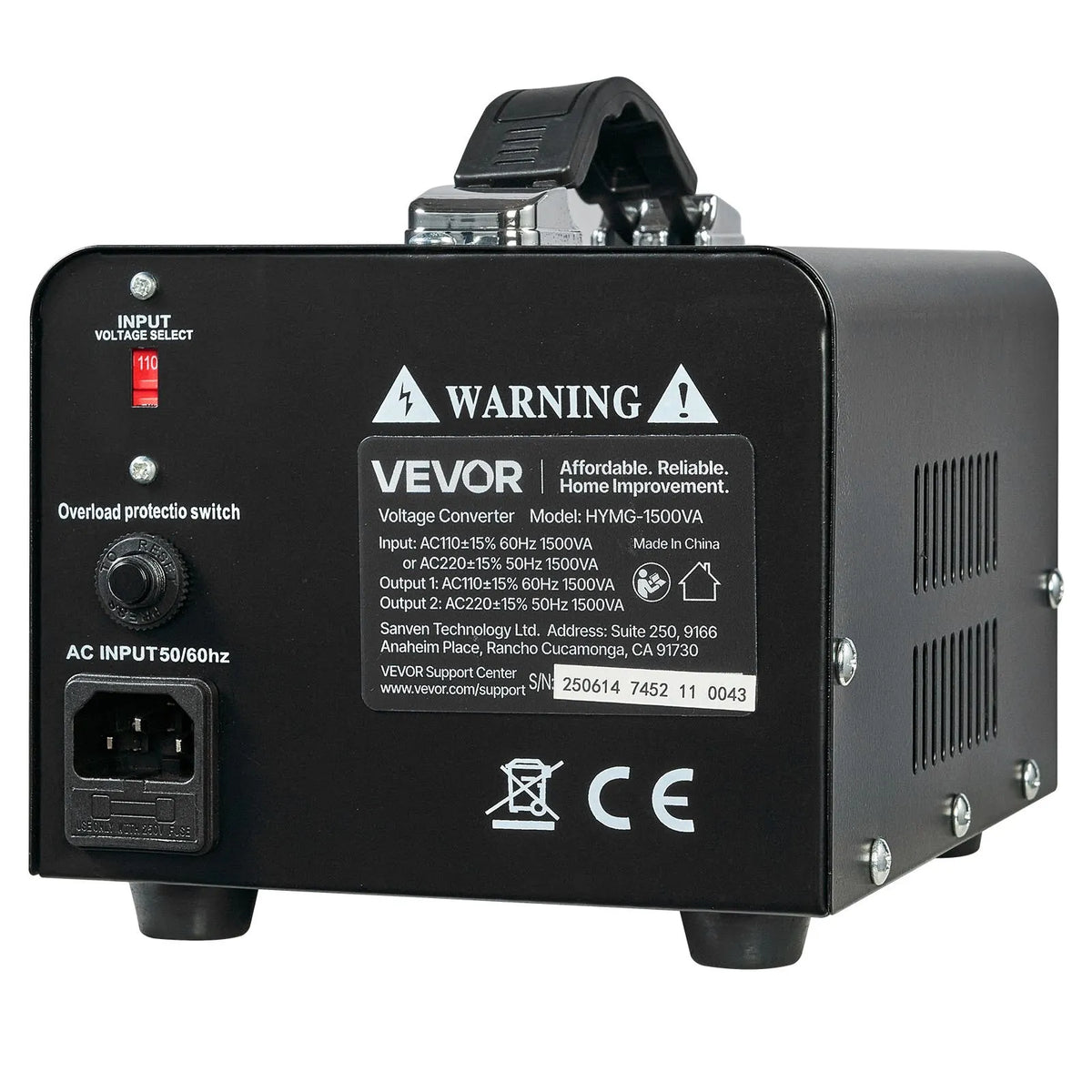 VEVOR sprieguma pārveidotājs transformators 1500 VA ar 110 V uz 220 V un 220 V uz 110 V pārveidošanu, ar US un EU ligzdām, barošanas kabeli un automātisko drošinātāja aizsardzību - ZEMLETES.LV