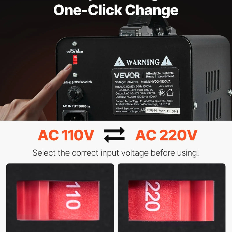 VEVOR sprieguma pārveidotājs transformators 1500 VA ar 110 V uz 220 V un 220 V uz 110 V pārveidošanu, ar US un EU ligzdām, barošanas kabeli un automātisko drošinātāja aizsardzību - ZEMLETES.LV