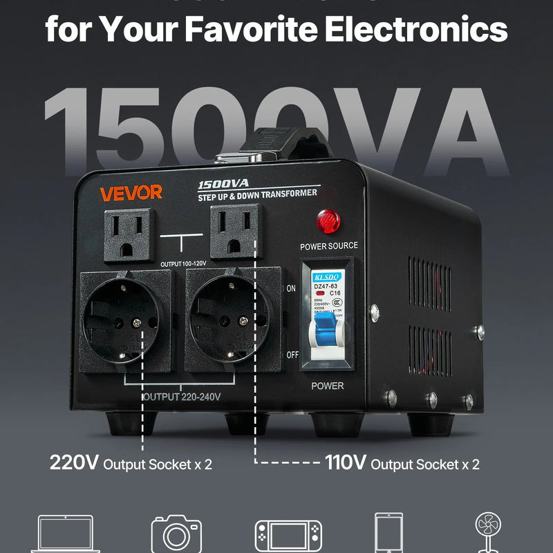 VEVOR sprieguma pārveidotājs transformators 1500 VA ar 110 V uz 220 V un 220 V uz 110 V pārveidošanu, ar US un EU ligzdām, barošanas kabeli un automātisko drošinātāja aizsardzību - ZEMLETES.LV